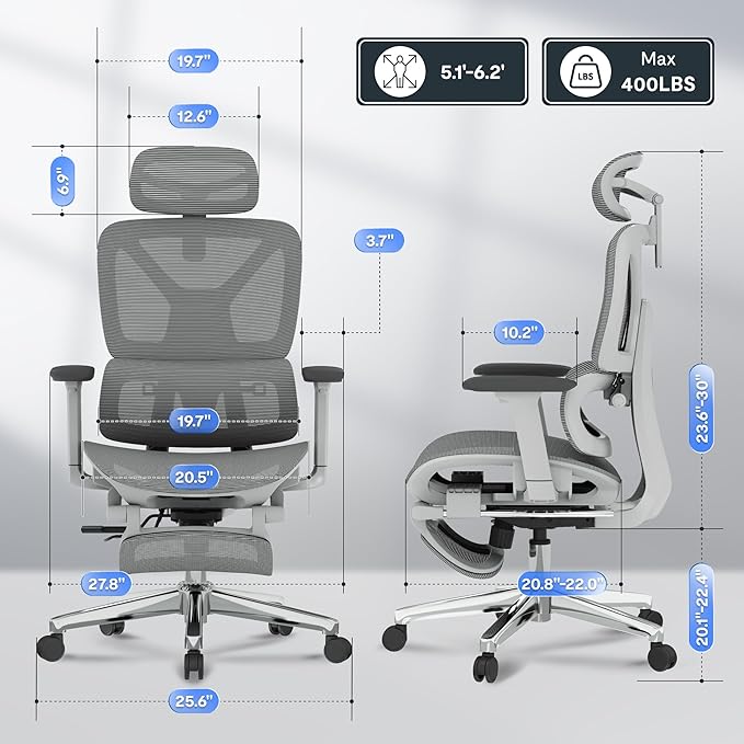 FLEXISPOT ErgoX Premium Ergonomic Office Chair with Footrest- Adjustable 3D Armrests, Dynamic Lumbar Support, Recline & Tilt Function, Mesh Seat, for Home & Office Use,Light Grey-DeskLoop Office