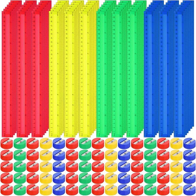 100 Pcs Plastic Rulers and 100 Pcs Mini Round Manual Pencil Sharpener Bulk, 4 Assorted Colors Pocket Sized Pencil Sharpeners Colorful Straight Ruler Back to School Supplies for Kids (Novel,12 Inch)-DeskLoop Office