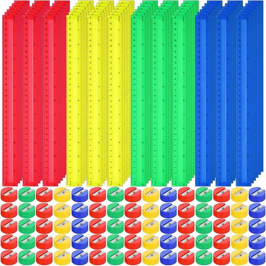 100 Pcs Plastic Rulers and 100 Pcs Mini Round Manual Pencil Sharpener Bulk, 4 Assorted Colors Pocket Sized Pencil Sharpeners Colorful Straight Ruler Back to School Supplies for Kids (Novel,12 Inch)-DeskLoop Office