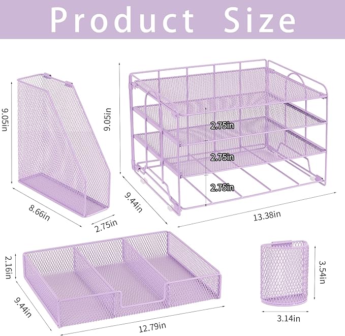Desk Organizer and Accessories, 4-Tier Desktop File Organizer with Drawer and 2 Pen Holders, Office Desk Accessories for Office Supplies(Purple)-DeskLoop Office