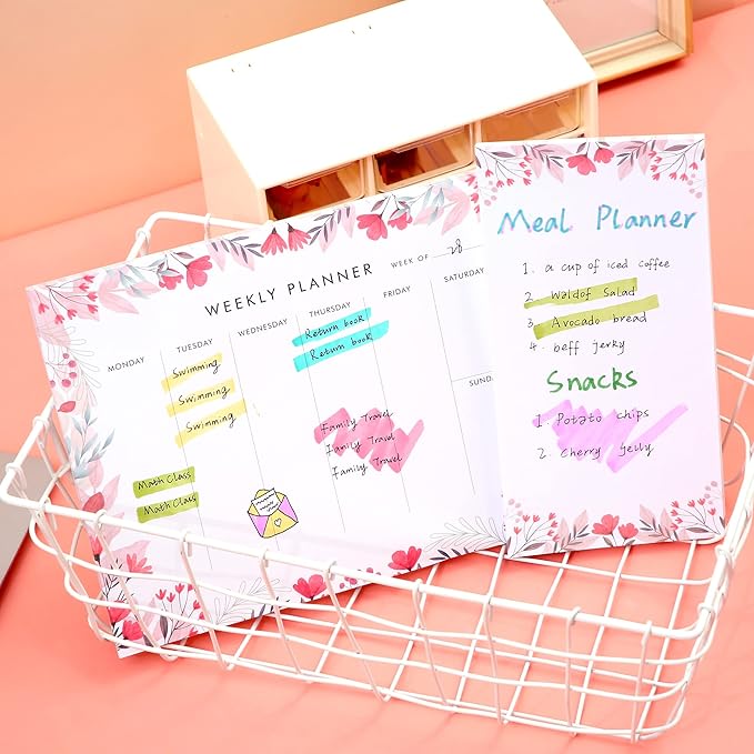 Weekly Planner Notepad Tear Off Set of 2 Weekly Calendar Pad 52 Undated To Do List Notepad Desk Planning Pads Productivity Tracker for Work School Home Goals Notes Schedule Ideas, Floral Pink-DeskLoop Office