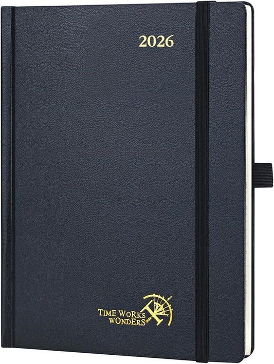 POPRUN 2026 Planner (Medium Size 8.5''x 6.5'' Hardcover) - Daily Weekly and Monthly Calendar Agenda 2026 Appointment Book with Hourly Time Slots, Monthly Tabs, 100 GSM - Black-DeskLoop Office