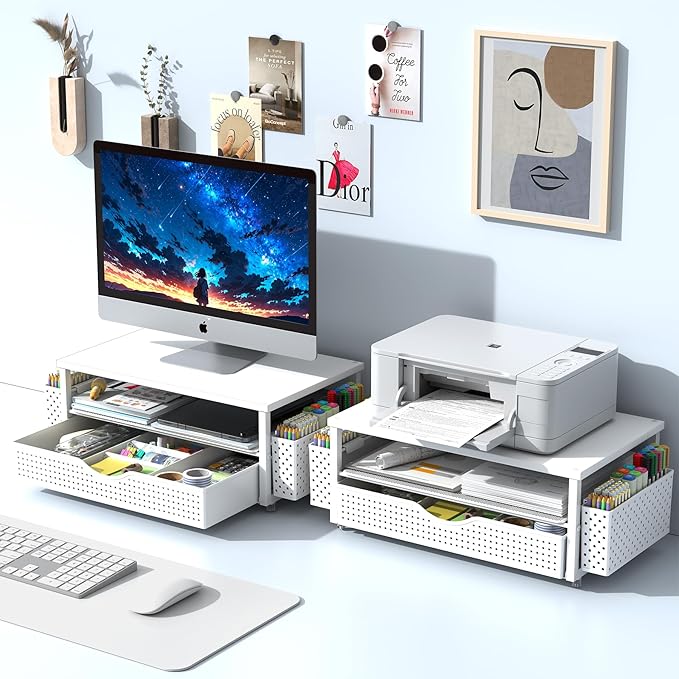 Desk Organizer and Accessories, Computer Monitor Stand Riser with Drawer and 2 Pen Holders, Office Desk Accessories & Workspace Organizers for Office Supplies (White)-DeskLoop Office