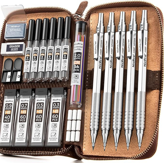 Nicpro 20PCS Metal Mechanical Pencil Set in Leather Case, Art Drafting Pencil 0.3, 0.5, 0.7, 0.9 mm & 2mm Lead Holders, 9 Tube (4B 2B HB 2H Colors) Lead Refills, Erasers For Sketching Drawing-DeskLoop Office