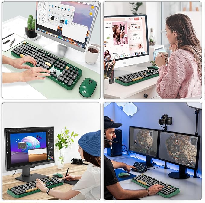 FOPETT Wireless Keyboard and Mouse Combo, 104 Keys Full-Sized 2.4 GHz Round Keycap Colorful Keyboards, USB Receiver Plug and Play, for Windows, Mac, PC, Laptop, Desktop (Black Green)-DeskLoop Office