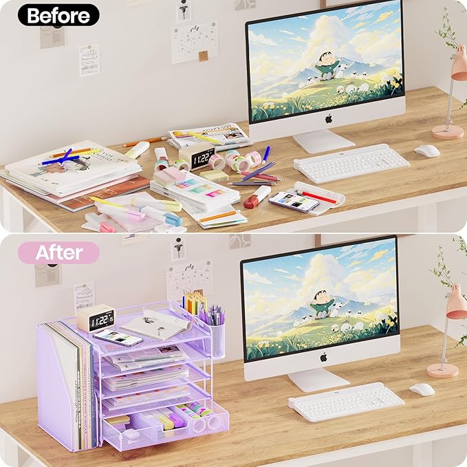 Desk Organizers and Accessories, 5-Tier Paper File Organizer with Drawer & Pen Holder, Office Desk Accessories Workspace Desktop Organizer for Office Supplies((Purple)-DeskLoop Office