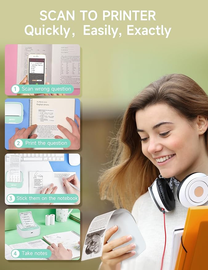 iDPRT Portable Sticker Maker Machine with 1 Roll Sticker Paper, Mini Printer Efficiently and Quickly, Thermal Printer for Study Notes, Pictures, DIY, Label, Free App with Multiple Templates, Green-DeskLoop Office