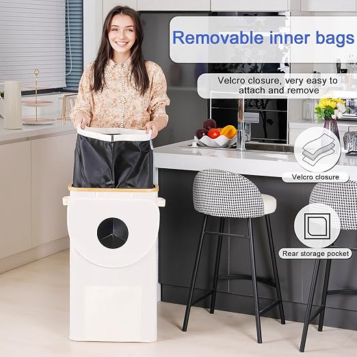 Efluky Recycling Bin 100L, 26 Gallon, Beige, D-Shaped, Oxford Fabric, 17.32"L x 12.9"W x 11.46"H, 2 Removable Inner Bags, Lightweight, Open-Top, Cycling, Kitchen-DeskLoop Office