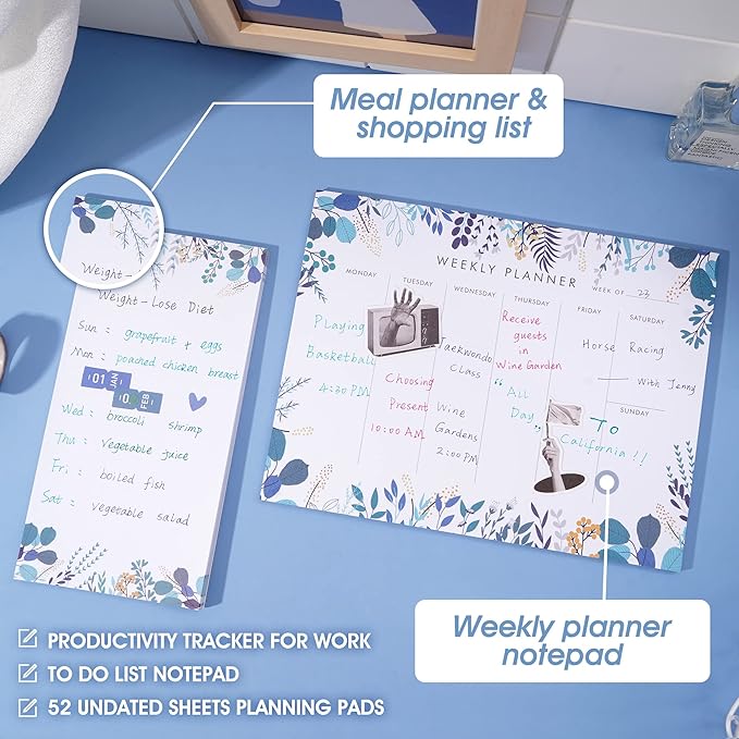 Weekly Planner Notepad Tear Off Set of 2 Weekly Calendar Pad 52 Undated To Do List Notepad Sheets Desk Planner Planning Pads Productivity Tracker for Work Goals Notes Schedule Ideas, Floral Blue-DeskLoop Office