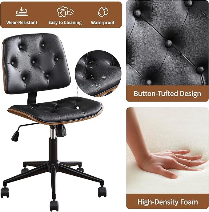 Small Home Office Chair - Armless Mid Back Desk Chair with 360° Swivel and Wheels, PU Upholstered Height Adjustable Modern Walnut Computer Chair for Home, Office Meeting Room - Black-DeskLoop Office