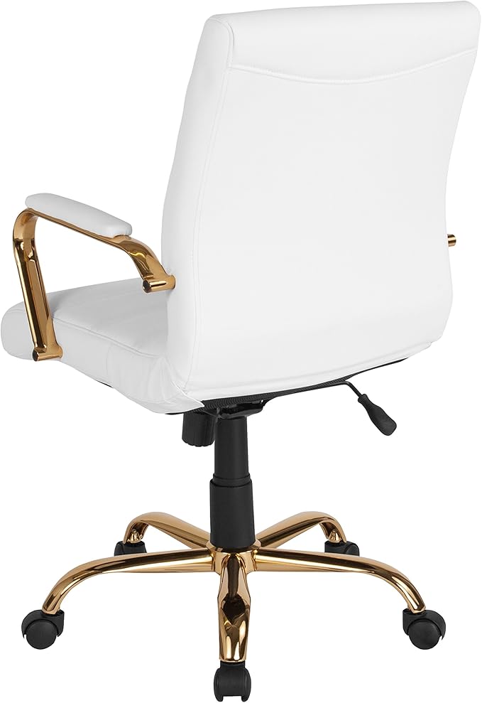 Flash Furniture Whitney Mid-Back Swivel LeatherSoft Desk Chair with Padded Seat and Armrests, Adjustable Height Padded Office Chair, White/Gold-DeskLoop Office