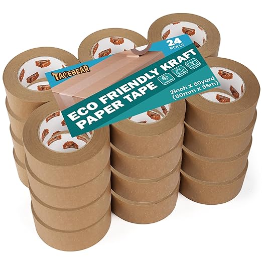 Eco-Friendly Kraft Paper Tape, Biodegradable Kraft Paper Tape, Recyclable Writable Packing Tape, Non-Coated Surface for Masking, Sealing, 2inch x 60yards, 24Rolls-DeskLoop Office