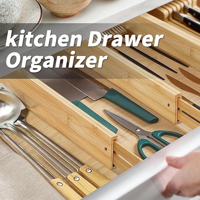 Bamboo Drawer Organizers 4 Pack, 17-22" Adjustable Spring Loaded Dividers for Kitchen Utensils, Silverware, Clothes, Dresser, Bathroom and Office Storage-DeskLoop Office
