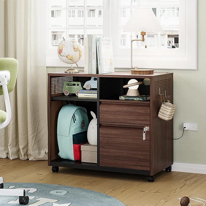 Letaya Mobile 2 Drawer File Cabinet with Lock, Metal Lateral Printer Stand Filing Storage Cabinets with Shelves for Home Office-A4/F4/Letter (Charging Socket)-DeskLoop Office