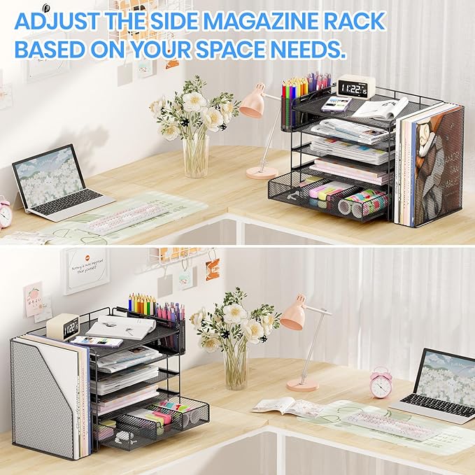 Desk Organizers and Accessories, 5-Tier Paper File Organizer with Drawer & Pen Holder, Office Desk Accessories Workspace Desktop Organizer for Office Supplies(Black)-DeskLoop Office