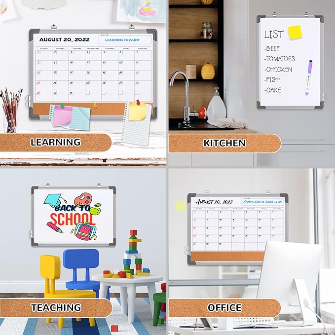 Monthly Calendar Whiteboard Dry Erase Cork Board Combination for Wall, 17"x13" Magnetic Dry Erase Board, Double-Sided White Board, Portable Board for Office, Kitchen, Planning, Memo, School, Home-DeskLoop Office