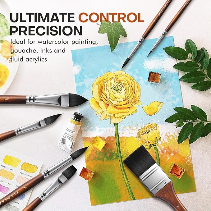 Watercolor Brushes Professional, Fuumuui 10Pcs Synthetic Squirrel Hair Watercolor Paint Brush Set for Artists with Wide Flat, Round, Detail, Dagger, Cat's Tongue for Watercolor Gouache Inks Painting-DeskLoop Office