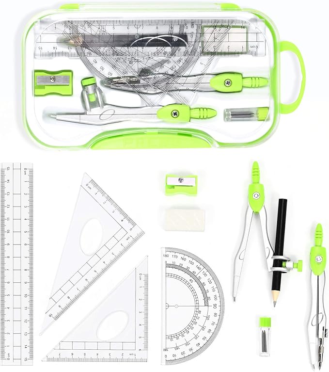 Math Geometry Kit Sets 10 Piece Student Supplies with Shatterproof Storage Box,Includes Rulers,Protractor,Compass,Eraser,Pencil Sharpener,Lead Refills,Pencil,for Drafting and Drawings(Green)-DeskLoop Office
