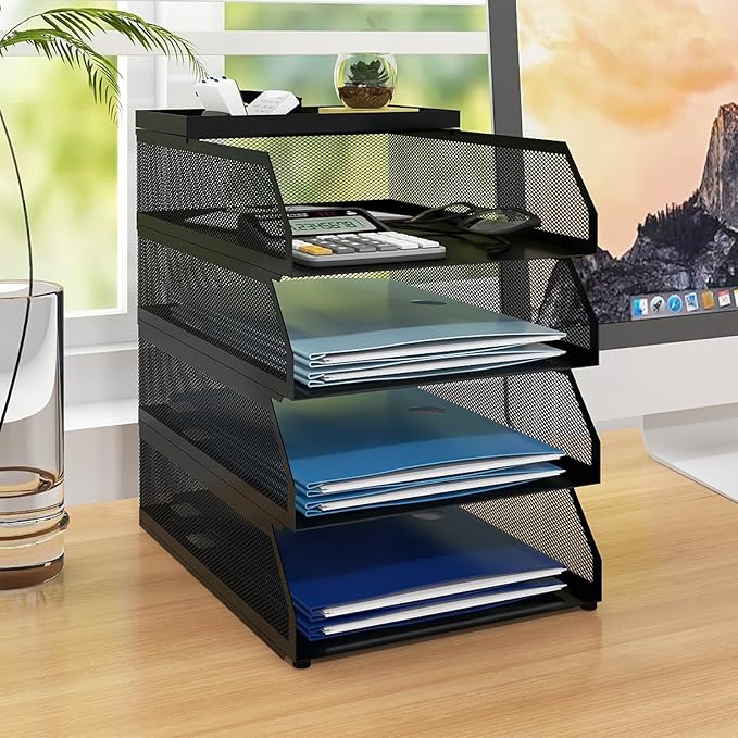 Natwind 4-Tier Stackable Paper Tray, Metal Mesh Desktop Organizer, Paper Sorter, Letter Trays,File Document Storage Rack for for Home, Office, School (Black)-DeskLoop Office