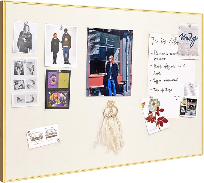 Bulletin Board 30 x 20 inches, Oatmeal White Pin Board, Golden Aluminum Framed Fabric Cork Board with 10 Push Pins-DeskLoop Office
