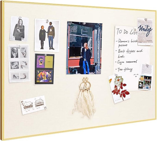 Bulletin Board 30 x 20 inches, Oatmeal White Pin Board, Golden Aluminum Framed Fabric Cork Board with 10 Push Pins-DeskLoop Office