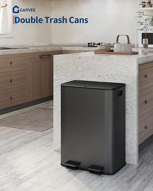 GarveeHome 2 x 8 Gallon Stainless Steel Double Trash Can with Lid for Kitchen, Large Dual Trash and Recycle Bin Combo, Step-on Kitchen Metal Garbage Cans, PP Inner Buckets, Liner Rim, Matte Black-DeskLoop Office