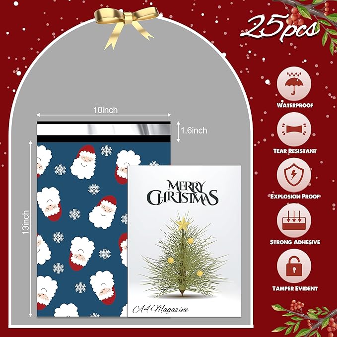 Christmas Poly Mailer - 10x13 Inch, 25 Pcs Waterproof, Tear-Resistant Mailer Bags with Self-Seal - Santa Claus and Snowflakes Printed-DeskLoop Office