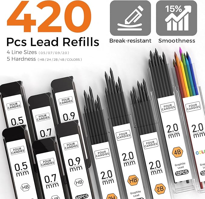 Four Candies Metal Mechanical Pencil Set, 3PCS Art Drafting Pencils 0.5, 0.7, 0.9MM & 2PCS 2MM Mechanical Drawing Pencils with 420PCS Leads (4B 2B HB 2H Color) for Writing Sketching Drawing (Silver)-DeskLoop Office