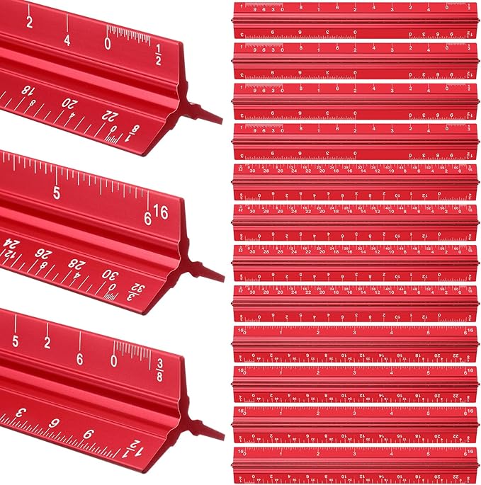 Fumete 12 Pack 6 Inch Architectural Engineering Scale Rulers Small Scale Ruler Pocket Size Scale Ruler Construction Rulers Imperial Measurements for Architects Engineering, Draftsman Drawing(Red)-DeskLoop Office