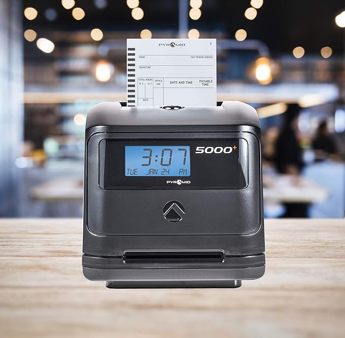 Pyramid Time Systems - Model 5000 Auto Totaling Time Clock, Employee in/Out Time Tracker for Small Business, Includes: 25 Time Cards,1 Ink Ribbon Cartridge, 2 Security Keys and User Guide - Black-DeskLoop Office