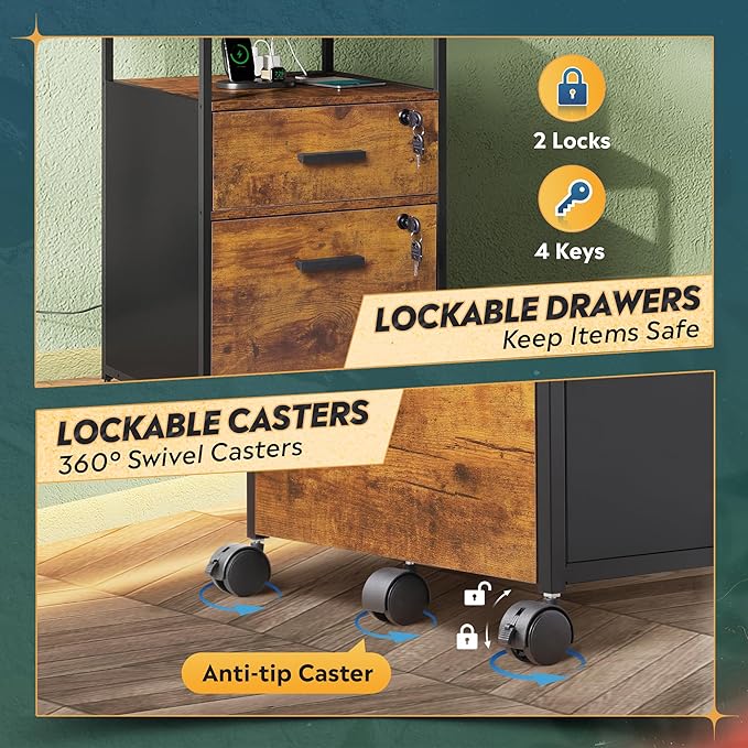 DEVAISE 2 Drawer File Cabinet with Lock and Charging Station, Wood Filing Cabinet fits A4 or Letter Size, Mobile Printer Stand with Open Storage Shelf for Home Office, Rustic Brown-DeskLoop Office