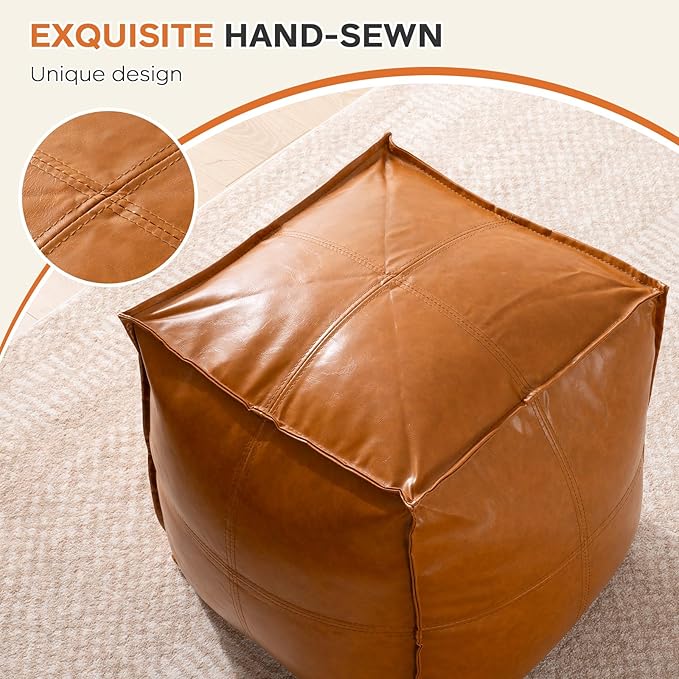 Pouf Ottoman Cover, 17.7" Square Unstuffed Pouf Cover, Faux PU Leather Moroccan Poofy Ottoman Footstool, Brown No Filler Footrest, Floor Chair Gifts Foot Rest for Living Room, (Only Cover)-DeskLoop Office