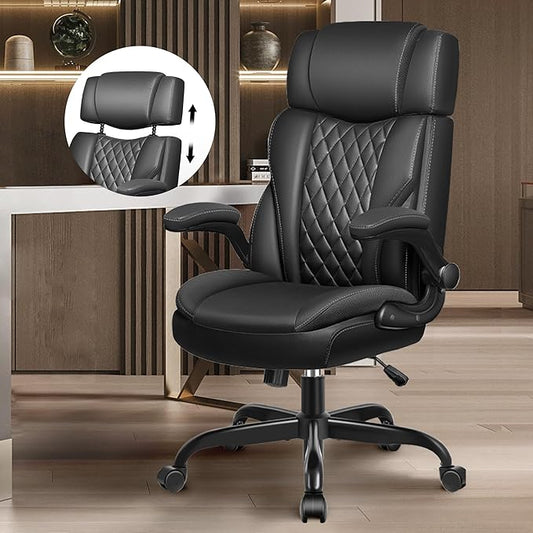 Office Chair Flip Up Arms, Executive Leather Office Chair Ergonomic Desk Chair with Lumbar Support, Adjustable Headrest, Computer Chair Home Office Desk Chair with Rocking Function-DeskLoop Office