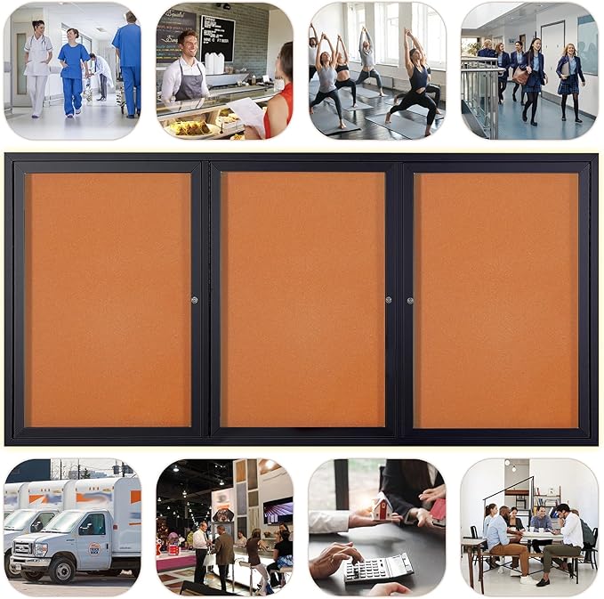 Enclosed Bulletin Board Outdoor Noticeboard with Locking Door, Weather-Resistant, Cork, Black Aluminum Frame, 70 x 36 in-DeskLoop Office