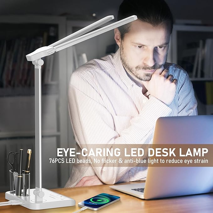 LED Desk Lamp Dimmable Table Lamp with USB Charging Port, 50 Lighting Modes, Adjustable Foldable Dual Swing Arm Architect Desk Lamp for Home Office, Eye-Caring Reading Lamp w/ Pen Holder 45min Timer-DeskLoop Office