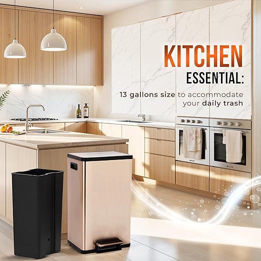 Simpli-Magic 13.2 Gallon (50L) Step Trash Can – Kitchen Garbage Can with Slow-Close Lid – Odor Control, Hands-Free, Easy to Clean, Brushed Stainless Steel (Rose Gold)-DeskLoop Office