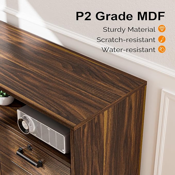 VINGLI Dark Brown Wood Lateral File Cabinet with Lock, 4 Drawer & 4 Open Shelves, Rolling File Cabinet for Home Office, Letter Sized-DeskLoop Office