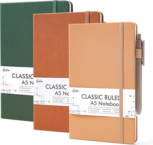 feela Hardcover Notebook For Work, Classic Ruled Lined Journal Set School Business Supplies, with 3 Black Pens, 120 GSM, 5.1”x8.3”, 3 Pack, A5, Vintage Colors-DeskLoop Office
