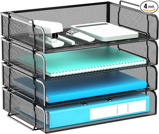 4 Tier Stackable Letter Tray, Metal Mesh File Storage Desktop Organizer for Home Office, Black-DeskLoop Office