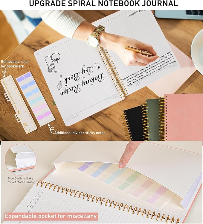 A4 Spiral Notebook Journal 8.5” x 11”, 256 Numbered Pages Hardcover Leather Journals for Women Men, Large Lined College Ruled Notebooks, 100GSM Thick Paper, Spiral Bound Journal for Work School, Pink-DeskLoop Office