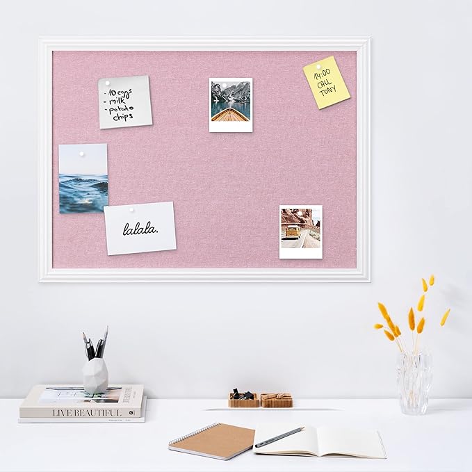 Navaris Framed Linen Bulletin Board - 17 x 23 inches Fabric Jewelry Organizer Pinboard for Wall Memory Memo Pin Board - Pink Linen with White Frame-DeskLoop Office