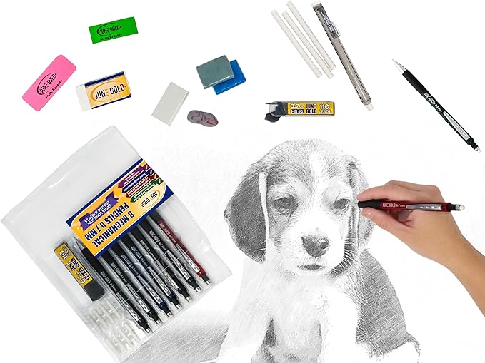 June Gold 8 Pack 0.7 mm HB #2 Mechanical Pencils, Extra Long Spin Eraser, 2 Lead Dispensers/w 220 Refills & 8 Refill Erasers, Break Resistant Lead, Soft Non-Slip Grip-DeskLoop Office