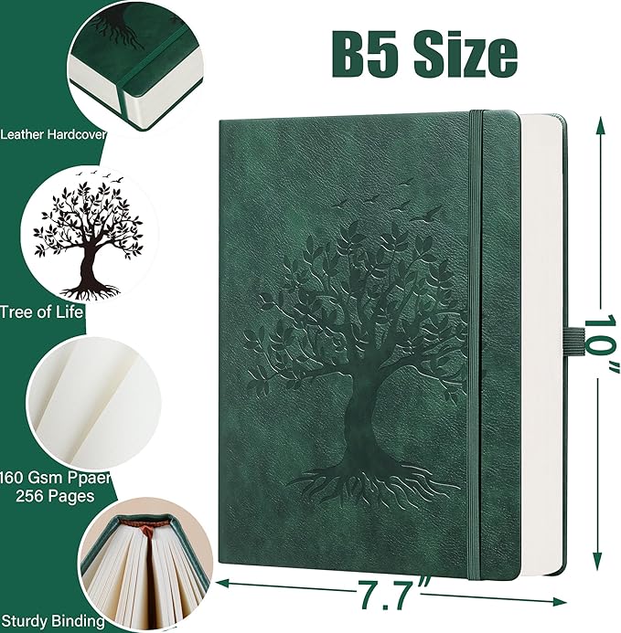 ZXHQ B5 Dotted Journal-150 gsm Thick Paper 256 Pages, Dot Grid Notebook, Tree of Life Design, Fine Inner Pocket - 7.7" × 10" Dark Green-DeskLoop Office