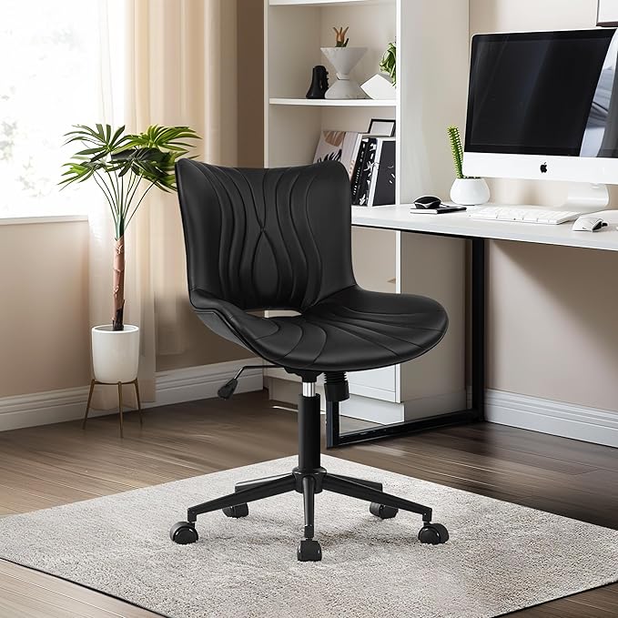 Office Chair, Armless Desk Chair with Wheels, Ergonomic Comfy Home Office Computer Task Chairs, Faux Leather Padded Cute Vanity Chair, Adjustable Height Swivel Chair with Back,Black-DeskLoop Office