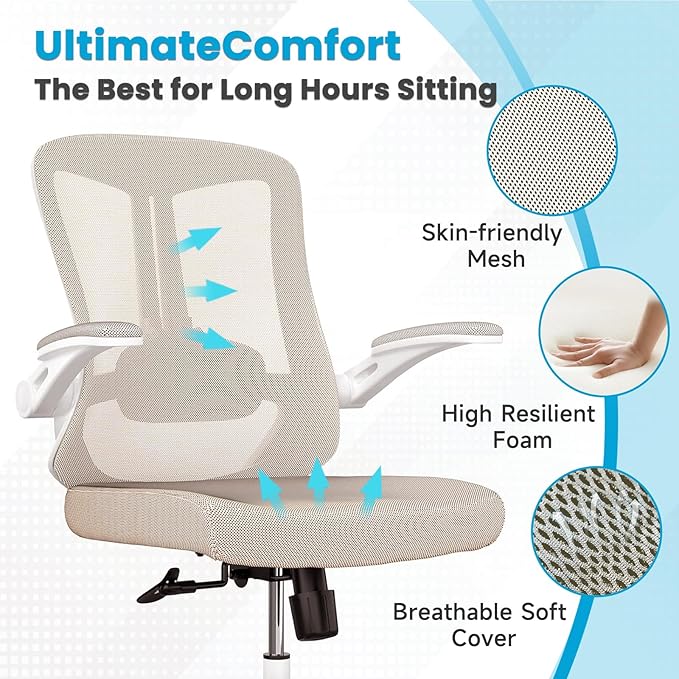 Mesh Office Computer Desk Managerial Executive Chair, Ergonomic High Back Comfy Swivel Gaming Home Chairs with Wheels, Comfortable Lumbar Support, Comfy Arms for Study,Home,Bedroom(Khaki)-DeskLoop Office