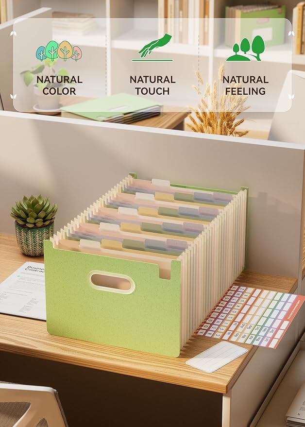 Accordion File Organizer, 26 Pockets Wheat Straw Expanding File Folders, Upright&Open Top, A-Z Bill Receipt Organizer, 100% BPA Free, Return to Nature, Healthy Living, Letter/A4 Size-Mint Green-DeskLoop Office
