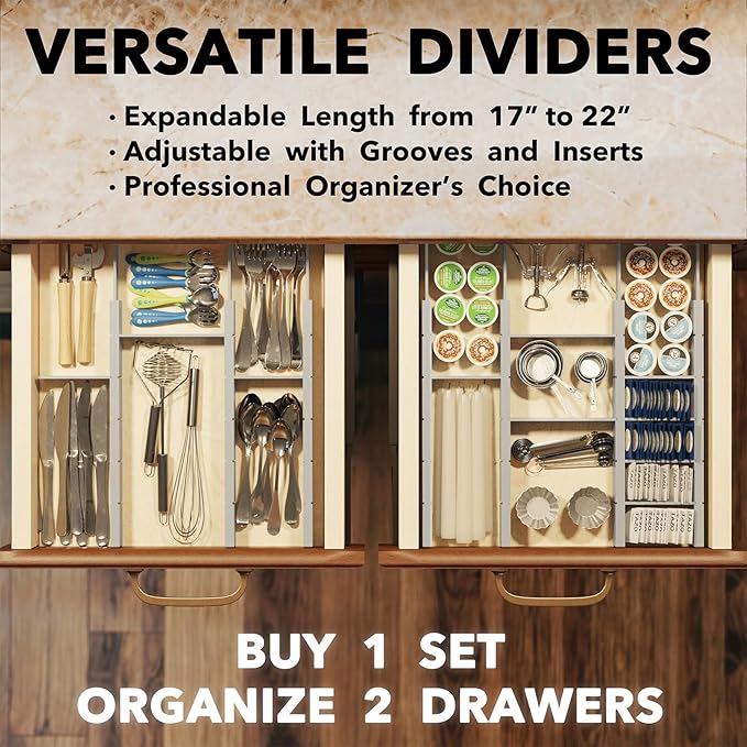SpaceAid Bamboo Drawer Dividers with Inserts and Labels, Kitchen Adjustable Drawer Organizers, Expandable Organization for Home, Office, Dressers, 7 Dividers with 15 Inserts (17"-22" Gray)-DeskLoop Office