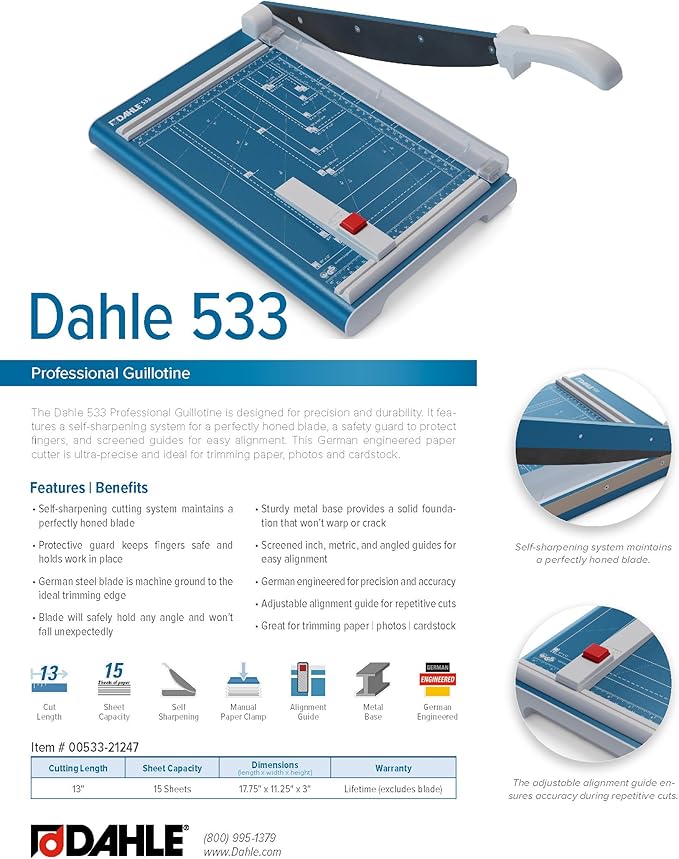Dahle 533 Professional Guillotine Trimmer, 13" Cut Length, 15 Sheet Capacity, Self-Sharpening, Manual Clamp, German Engineered Paper Cutter-DeskLoop Office