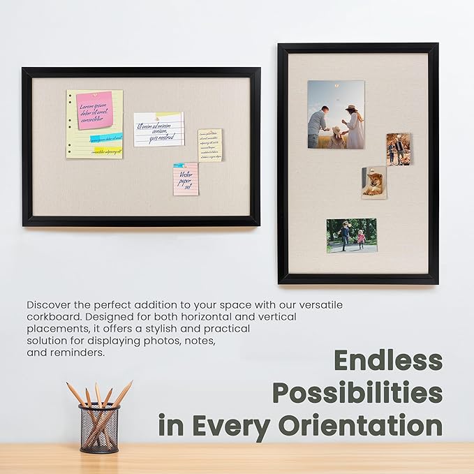 Bulletin Board Cork Board with Linen, 100% Wood Framed 30" x 20" Bulletin Board Decorations, Pin Boards for Walls, Wall Mounted Fabric Picture Board with 10 Pushpins for School, Home & Office, Black-DeskLoop Office