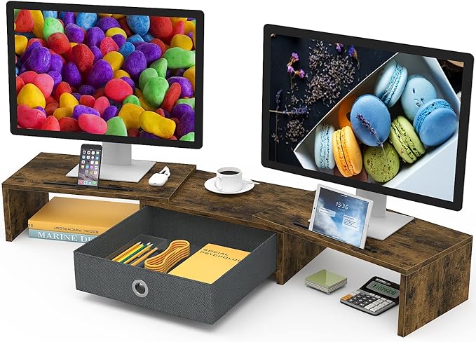 WESTREE Dual Monitor Stand Riser with Drawer, 3 Shelf Computer Monitor Riser with Adjustable Length and Angle, Desktop Monitor Stand Riser Storage Organizer for 2 Monitors-DeskLoop Office
